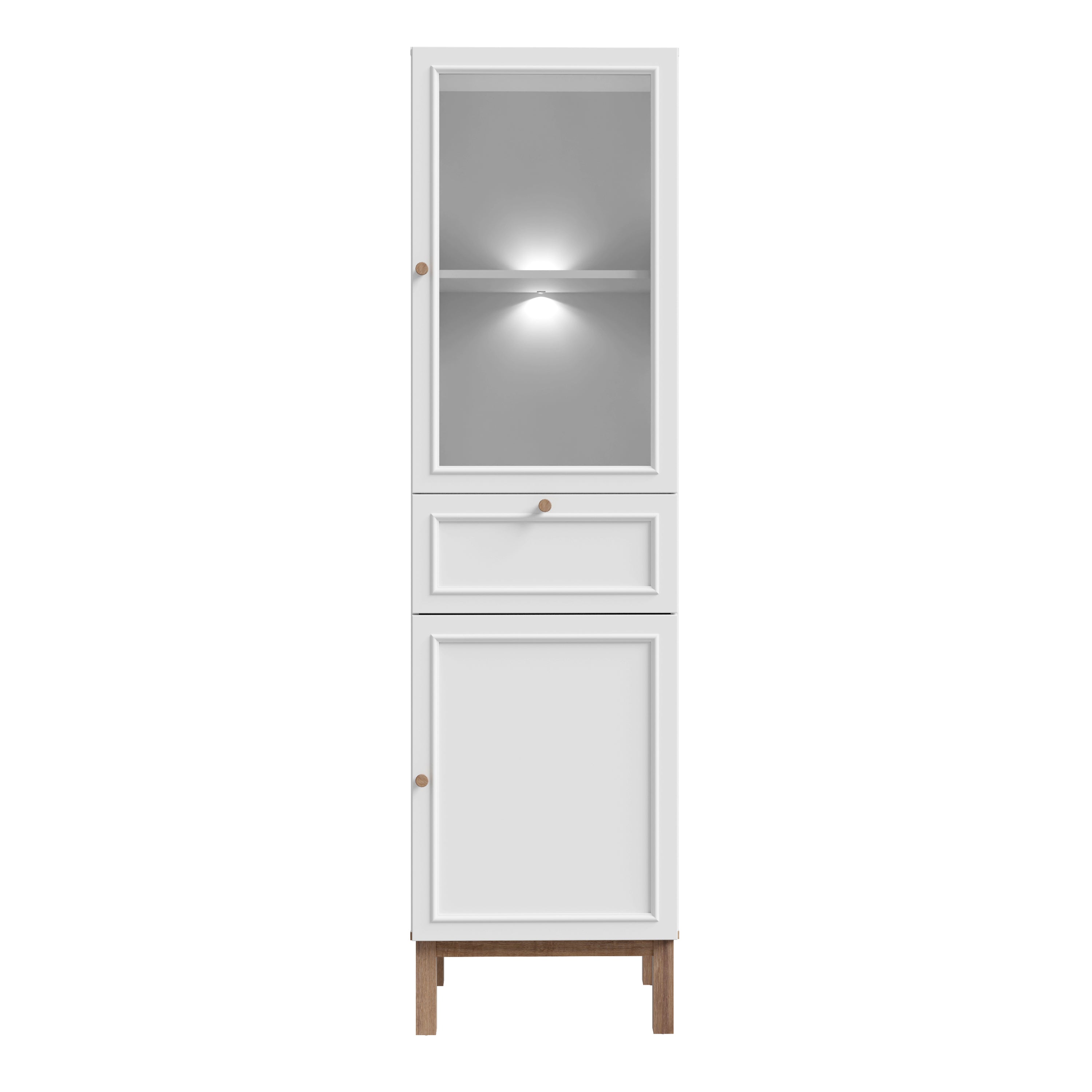 Wensley Display Cabinet with 1 Door 1 Drawer and  1 Glass Door in Light Grey and Oak inc LED Lighting