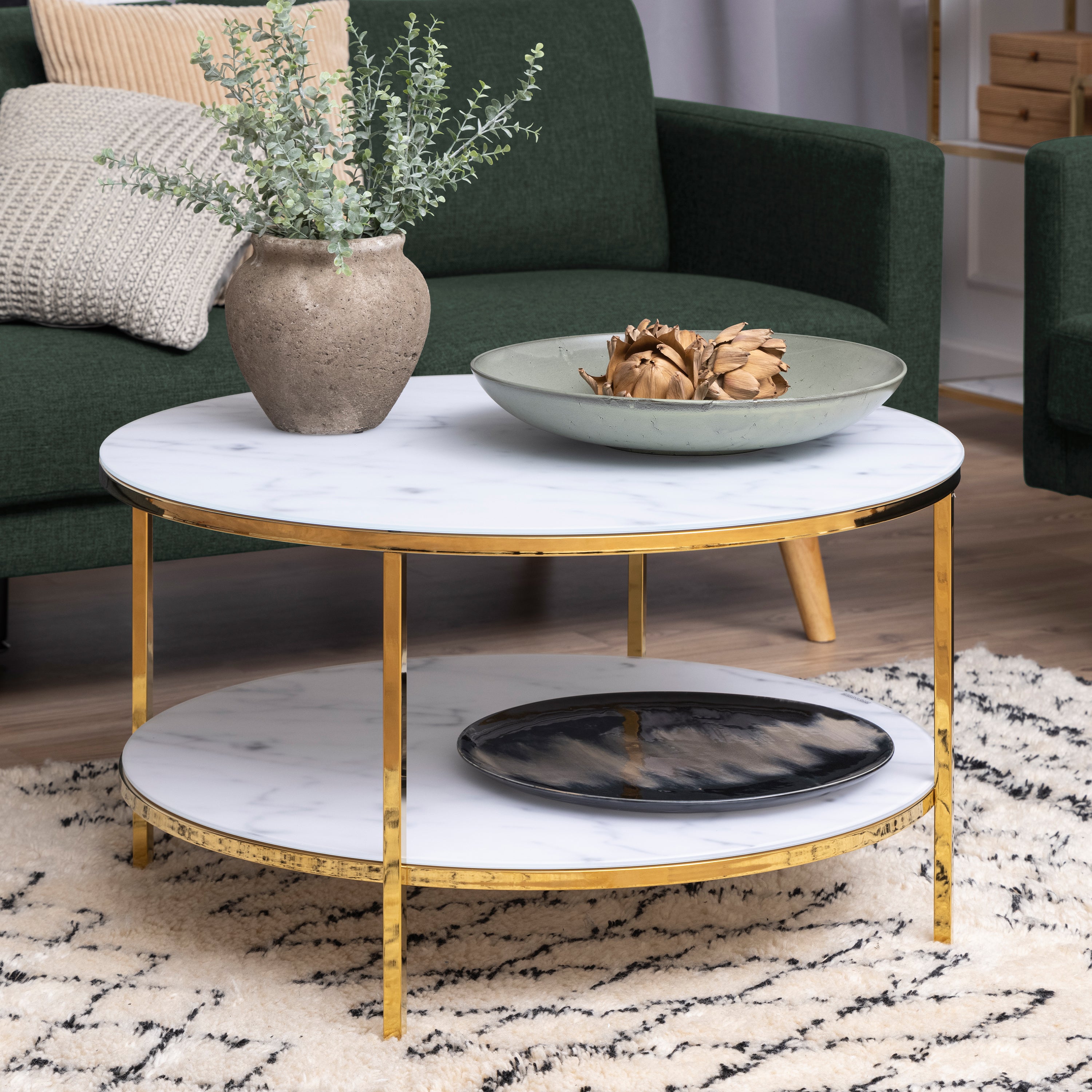 Alisma Round Coffee Table with White Crystal Clear Marble Glass Top & Gold Legs