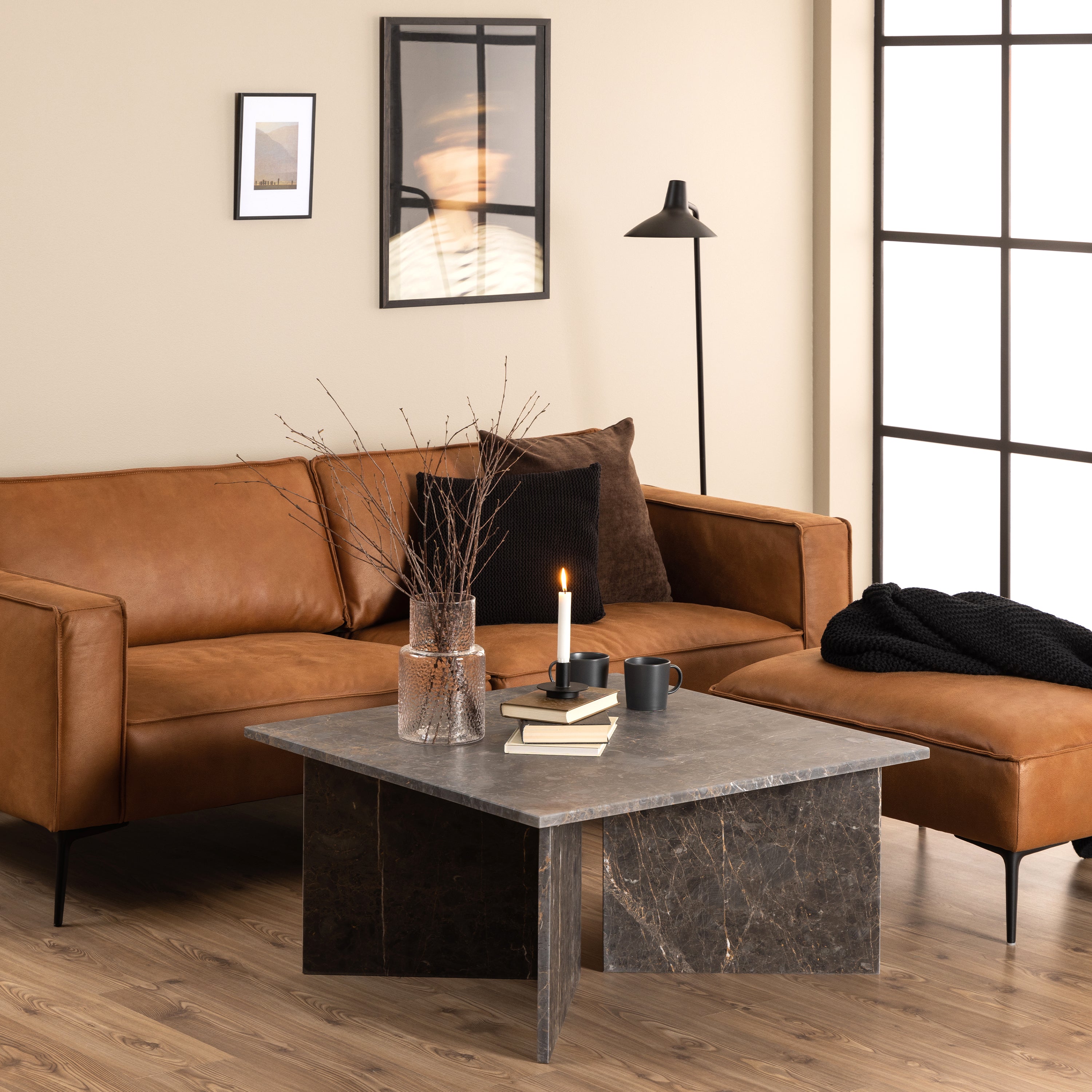 Vega Square Coffee Table with Marron Marble Top 90cm
