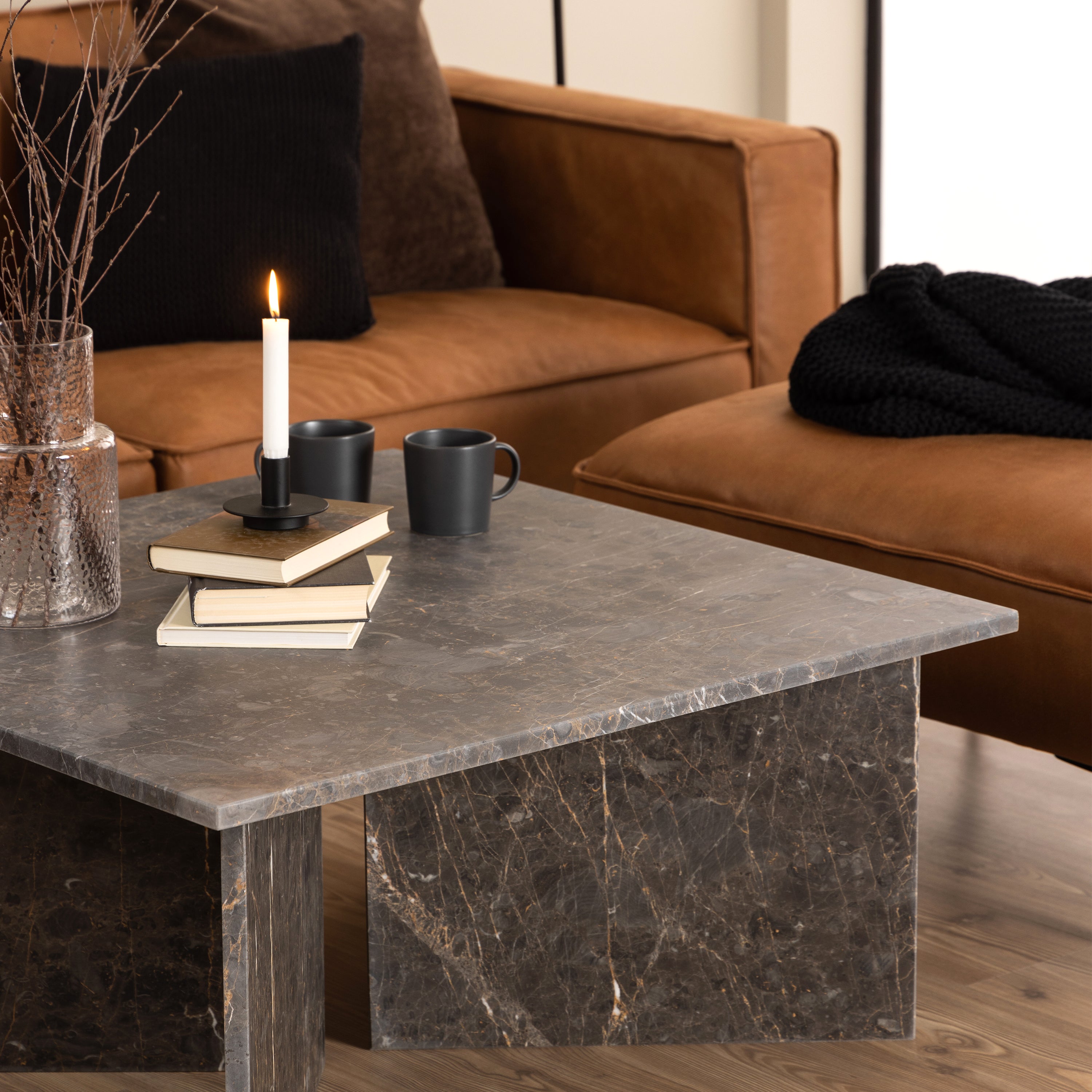 Vega Square Coffee Table with Marron Marble Top 90cm