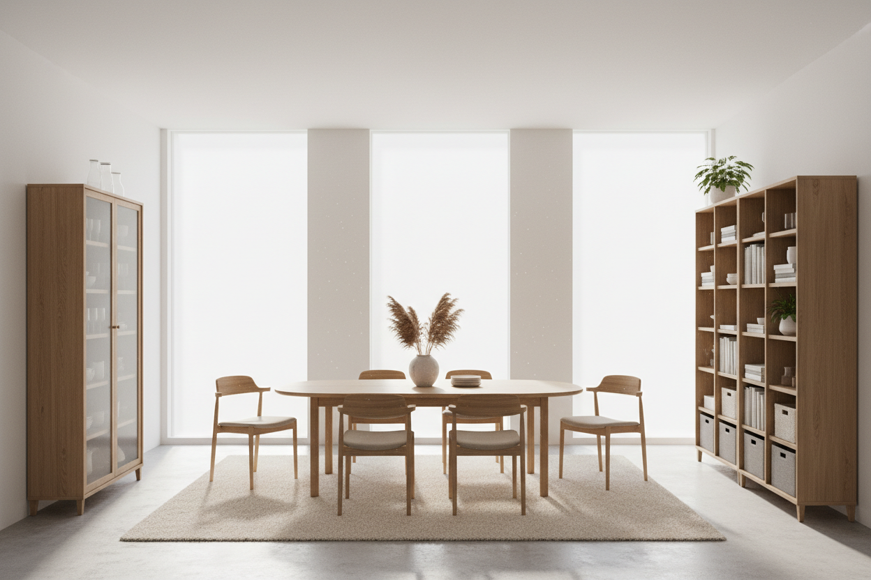 Realistic 3D interior scene featuring modern dining table, tall cabinet, and a bookcase in Scandinavian style. Light oak wood, soft neutral colors, clean minimal room setting, soft natural lighting, high-quality product visualization, cozy but modern home furniture, no people, no branding, wide composition with plenty of white space, ecommerce hero image style.

